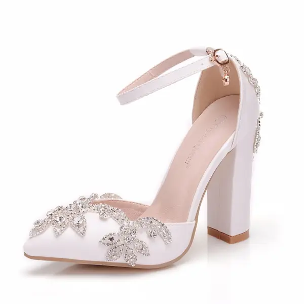 Modern / Fashion White Wedding Shoes 2018 Rhinestone Ankle Strap 10 cm Thick Heels Pointed Toe Wedding High Heels