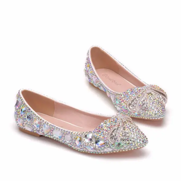 Scintillantes Argenté Chaussure De Mariée 2018 Cristal Faux Diamant À Bout Pointu Plate Mariage
