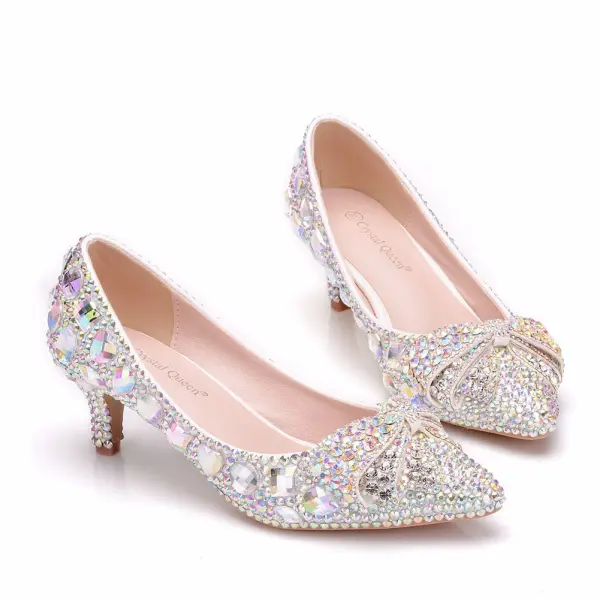 Sparkly Sølv Brudesko 2018 Krystall Rhinestone 5 cm Stiletthæler Spisse Bryllup Pumps