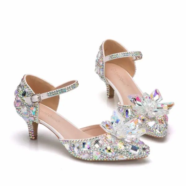 Amazing / Unique Silver Wedding Shoes 2018 Buckle Crystal Rhinestone 5 cm Stiletto Heels Pointed Toe Wedding High Heels