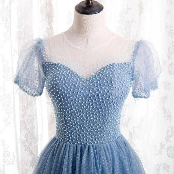 Charming Pool Blue Beading Prom Dresses 2021 A-Line / Princess Scoop Neck Short Sleeve Floor-Length / Long Formal Dresses