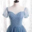 Charming Pool Blue Beading Prom Dresses 2021 A-Line / Princess Scoop Neck Short Sleeve Floor-Length / Long Formal Dresses