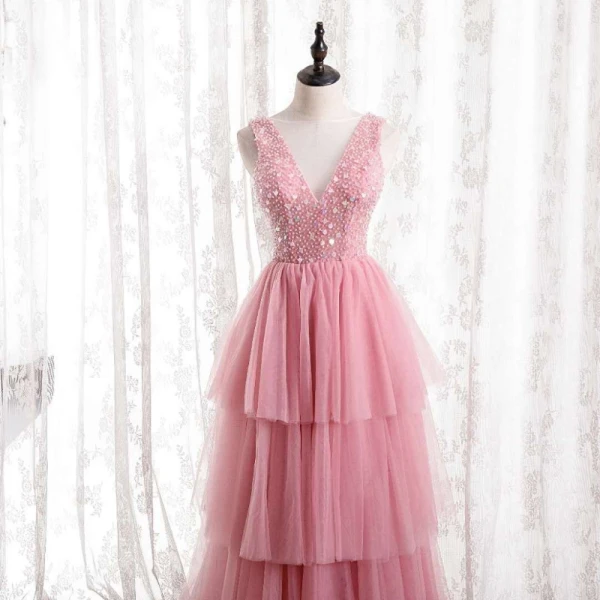 Charmant Rose Bonbon Volants Robe De Soirée 2021 Princesse Encolure Dégagée Sans Manches Perlage Paillettes Dos Nu Soirée Longue Robe De Ceremonie
