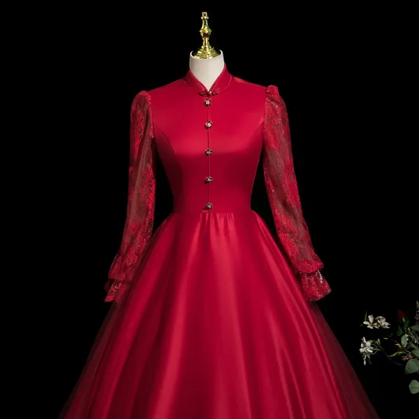 Vintage / Retro Burgundy Lace Flower Prom Dresses 2025 High Neck Long Sleeve Floor-Length / Long Prom Formal Dresses A-Line / Princess
