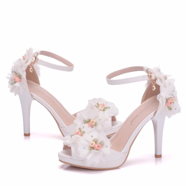 Modern / Fashion White Wedding Shoes 2018 Appliques Rhinestone Ankle Strap 10 cm Stiletto Heels Open / Peep Toe Wedding High Heels