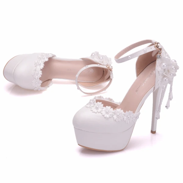 Modern / Fashion White Wedding Shoes 2018 Lace Flower Ankle Strap Pearl Tassel 14 cm Stiletto Heels Round Toe Wedding High Heels