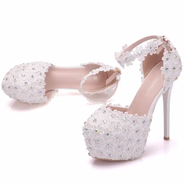 Modern / Fashion White Wedding Shoes 2018 Lace Flower Rhinestone Ankle Strap 14 cm Stiletto Heels Round Toe Wedding High Heels