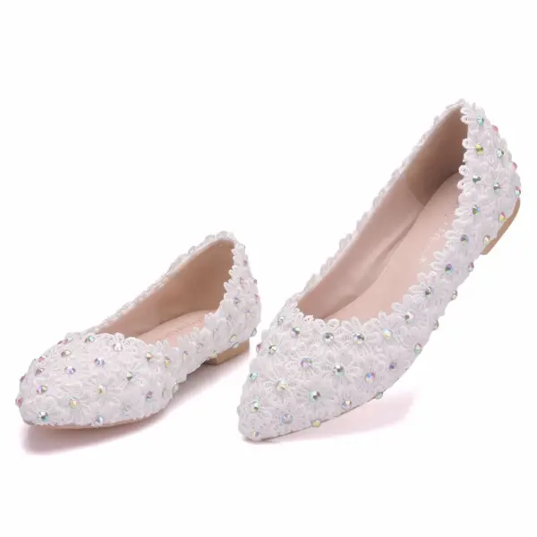 Chic / Beautiful White Wedding Shoes 2018 Lace Flower Rhinestone Pointed Toe Wedding Flat