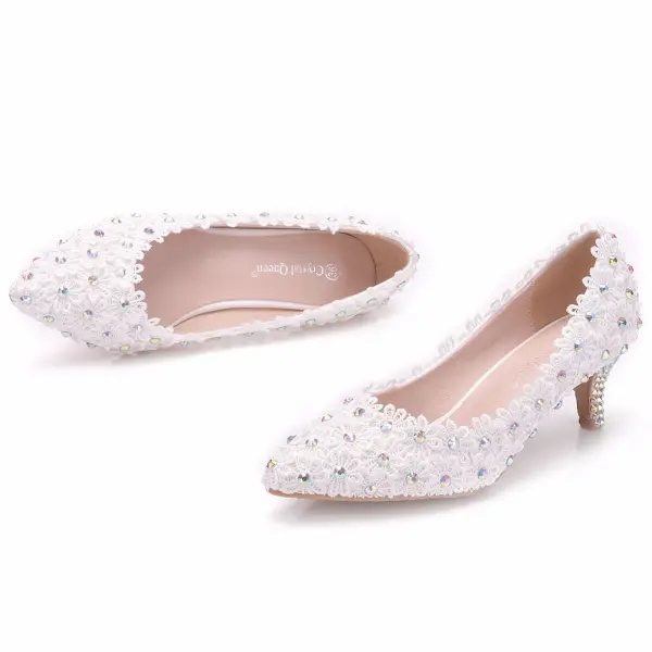 Chic / Beautiful White Wedding Shoes 2018 Lace Flower Rhinestone 5 cm Stiletto Heels Pointed Toe Wedding Pumps