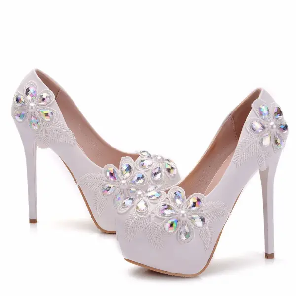 Mote Hvit Brudesko 2018 Blonder Krystall 14 cm Stiletthæler Rund Tå Bryllup Pumps