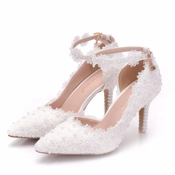 Chic / Beautiful White Wedding Shoes 2018 Lace Flower Pearl 8 cm Stiletto Heels Pointed Toe Wedding High Heels