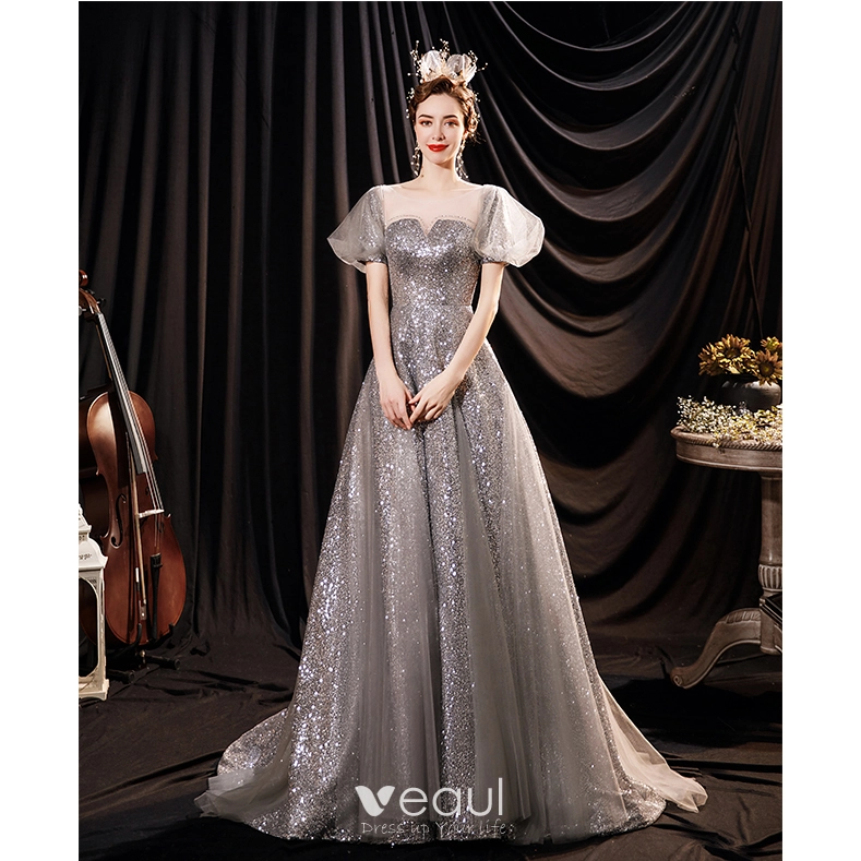 Sparkly Charming Silver Evening Dresses 2021 A Line Princess Scoop Neck Glitter Sequins Short Sleeve Backless Sweep Train Evening Party Formal Dresses