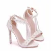Charming White Wedding Shoes 2018 Lace Flower Rhinestone Ankle Strap Pearl T-Strap 9 cm Stiletto Heels Open / Peep Toe Wedding High Heels