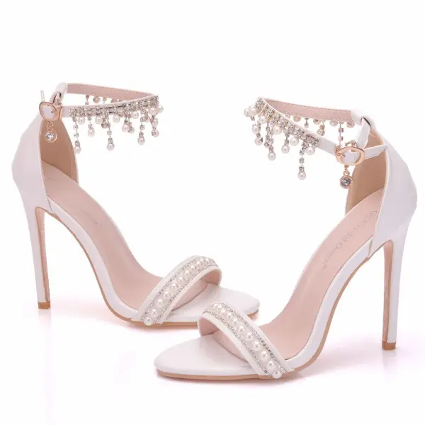 Charmant Weiß Brautschuhe 2018 Perle Strass Quaste Knöchelriemen 11 cm Stilettos Peeptoes Hochzeit Hochhackige
