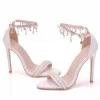 Charming White Wedding Shoes 2018 Pearl Rhinestone Tassel Ankle Strap 11 cm Stiletto Heels Open / Peep Toe Wedding High Heels