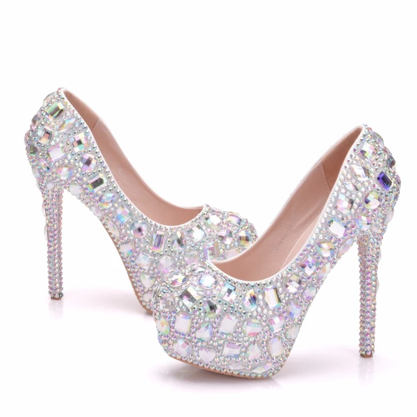 Sparkly Sølv Brudesko 2018 Krystall Rhinestone 14 cm Stiletthæler Rund Tå Bryllup Pumps