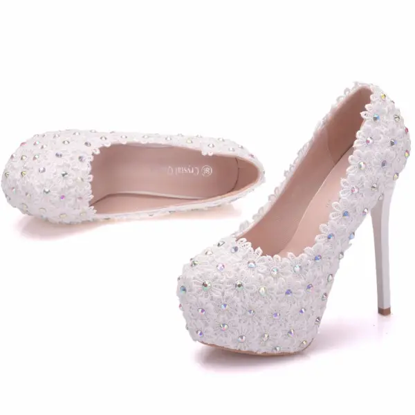 Chic / Beautiful White Wedding Shoes 2018 Lace Flower Rhinestone 14 cm Stiletto Heels Round Toe Wedding Pumps