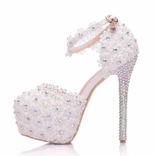 Chic / Beautiful White Wedding Shoes 2018 Lace Flower Rhinestone 14 cm Stiletto Heels Wedding Round Toe High Heels