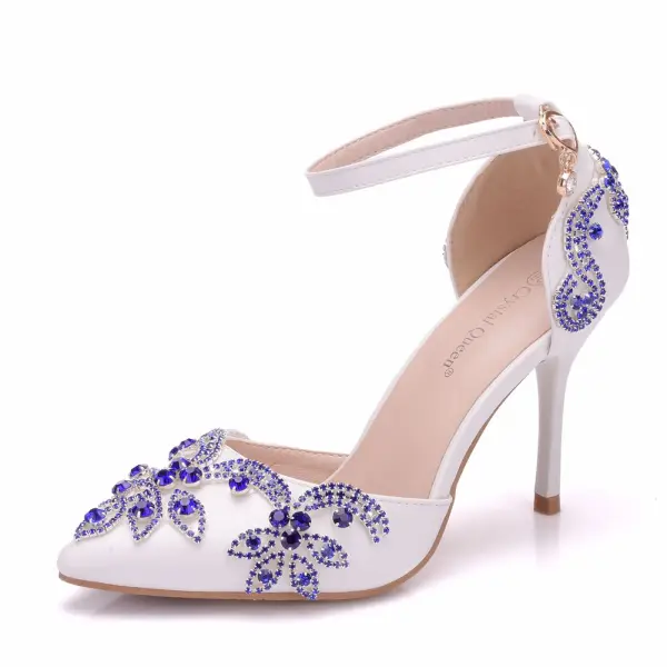 Schöne Weiß Brautschuhe 2018 Strass Knöchelriemen 9 cm Stilettos Spitzschuh Hochzeit Hochhackige