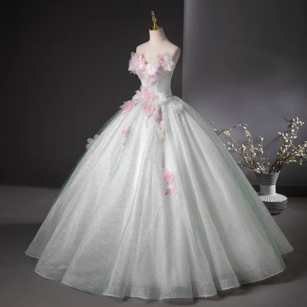 Bling Bling Mint Green Beading Sequins Pearl Lace Flower Appliques Prom Dresses 2025 Ball Gown Strapless Sleeveless Backless Floor-Length / Long Prom