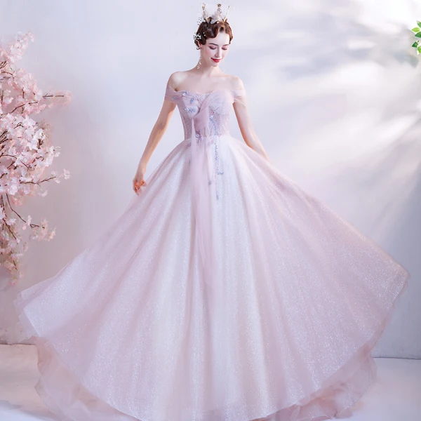 Charmant Rose Bonbon Paillettes Robe De Bal 2021 Princesse De l'épaule Sans Manches Dos Nu Longue Promo Robe De Ceremonie