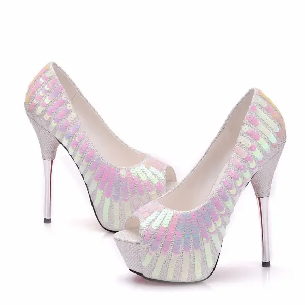 Romantique Argenté Chaussure De Mariée 2018 Paillettes 14 cm Talons Aiguilles Peep Toes / Bout Ouvert Mariage Talons Hauts