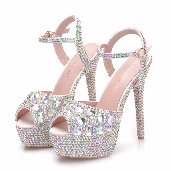 Sparkly Silver Wedding Shoes 2018 Crystal Rhinestone Ankle Strap 14 cm Stiletto Heels Open / Peep Toe Wedding High Heels