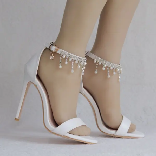 Sexy White Wedding Shoes 2018 Pearl Rhinestone Tassel Ankle Strap 11 cm Stiletto Heels Open / Peep Toe Wedding High Heels