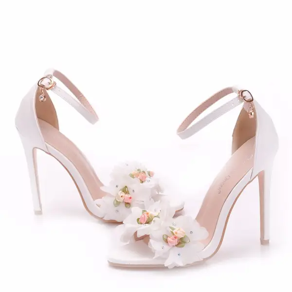 Schöne Weiß Brautschuhe 2018 Applikationen Strass Knöchelriemen 11 cm Stilettos Peeptoes Hochzeit Hochhackige