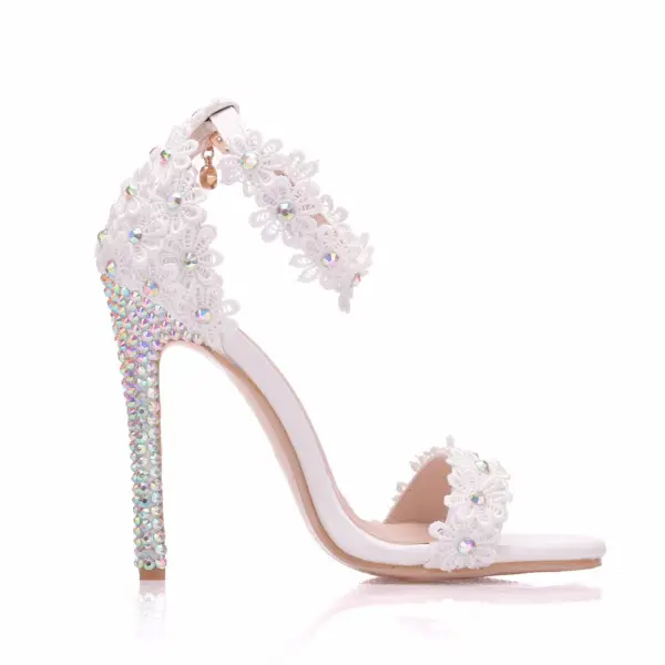 Modern / Fashion White Wedding Shoes 2018 Lace Flower Rhinestone Ankle Strap 11 cm Stiletto Heels Open / Peep Toe Wedding High Heels
