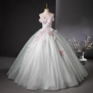 Bling Bling Vert Citron Perlage Paillettes Perle En Dentelle Fleur Appliques Robe De Bal 2025 Robe Boule Bustier Sans Manches Dos Nu Longue Promo
