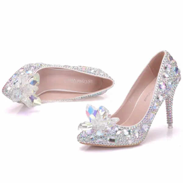 Błyszczące Srebrny Buty Ślubne 2018 Kryształ Rhinestone 9 cm Szpilki Okrągłe Toe Ślub Czółenka