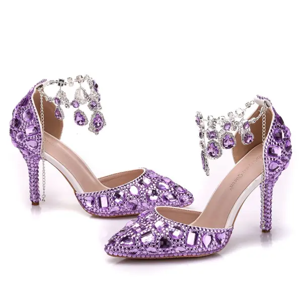 Charmant Lila Brautschuhe 2018 Kristall Knöchelriemen 9 cm Stilettos Spitzschuh Hochzeit Hochhackige