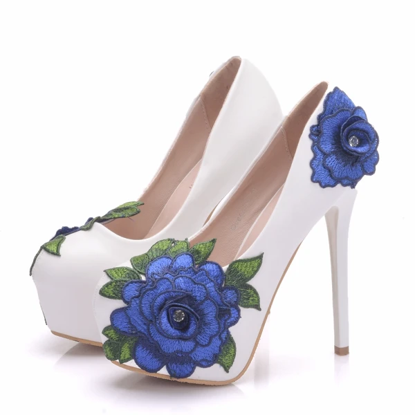 Fine Hvit Brudesko 2018 Appliques Blonder 14 cm Stiletthæler Rund Tå Bryllup Pumps