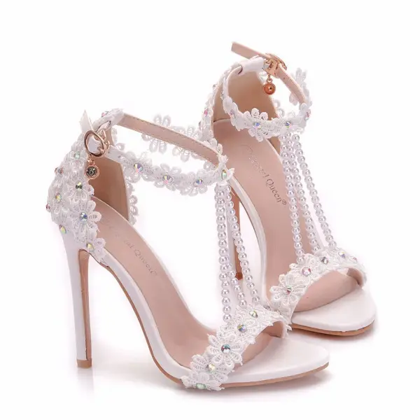 Charmant Blanche Chaussure De Mariée 2018 T-Strap En Dentelle Fleur Perle Faux Diamant Bride Cheville 11 cm Talons Aiguilles Peep Toes / Bout Ouvert Mariage Talons Hauts