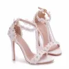 Charming White Wedding Shoes 2018 T-Strap Lace Flower Pearl Rhinestone Ankle Strap 11 cm Stiletto Heels Open / Peep Toe Wedding High Heels
