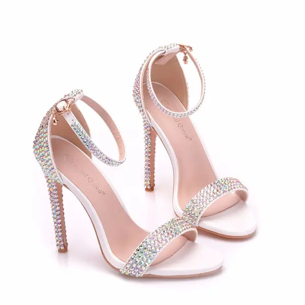 Schöne Weiß Brautschuhe 2018 Strass Knöchelriemen 11 cm Stilettos Peeptoes Hochzeit Hochhackige