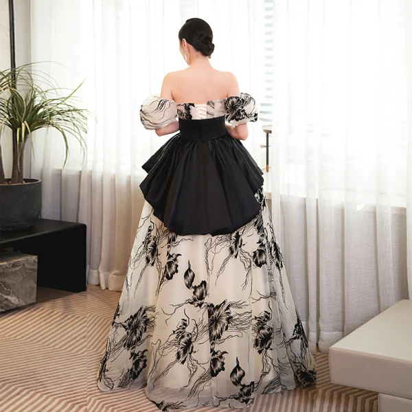 Fashion Champagne Prom Dresses 2023 A-Line / Princess Off-The-Shoulder Short Sleeve Backless Floor-Length / Long Prom Formal Dresses