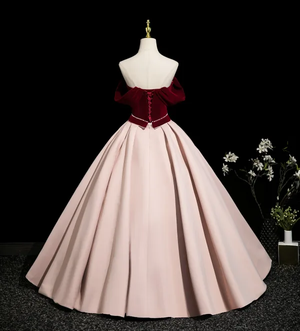 Elegant Burgundy Appliques Prom Dresses 2025 Ball Gown Off-The-Shoulder Sleeveless Backless Floor-Length / Long Prom Formal Dresses
