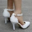 Modern / Fashion White Wedding Shoes 2018 Lace Flower Pearl Ankle Strap 9 cm Stiletto Heels Pointed Toe Wedding High Heels
