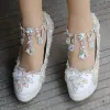 Sparkly White Wedding Shoes 2018 Rhinestone Crystal Round Toe Wedding Wedges Sandals