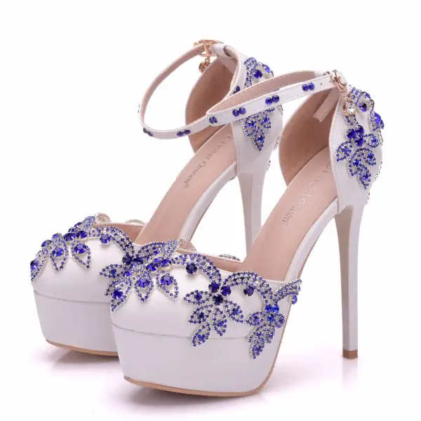 Chic / Beautiful Royal Blue Wedding Shoes 2018 Rhinestone 14 cm Stiletto Heels Round Toe Wedding High Heels