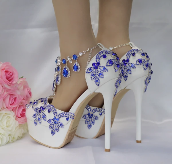 Charmant Königliches Blau Brautschuhe 2018 Kristall Strass 14 cm Stilettos Runde Zeh Hochzeit Hochhackige