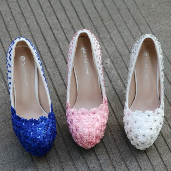 Lovely Blushing Pink Wedding Shoes 2018 Lace Flower Rhinestone 14 cm Stiletto Heels Round Toe Wedding Pumps