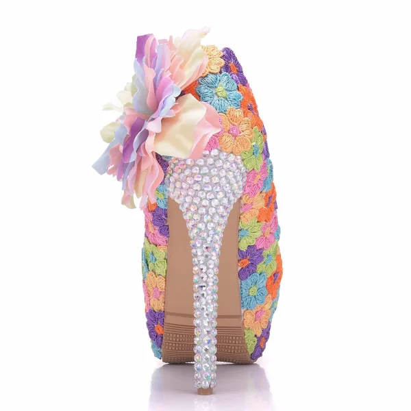Flower Fairy Multi-Colors Prom Pumps 2018 Lace Handmade  Flower 14 cm Rhinestone Stiletto Heels Round Toe Pumps