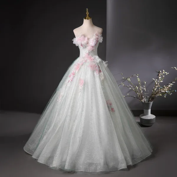 Bling Bling Mint Green Beading Sequins Pearl Lace Flower Appliques Prom Dresses 2025 Ball Gown Strapless Sleeveless Backless Floor-Length / Long Prom