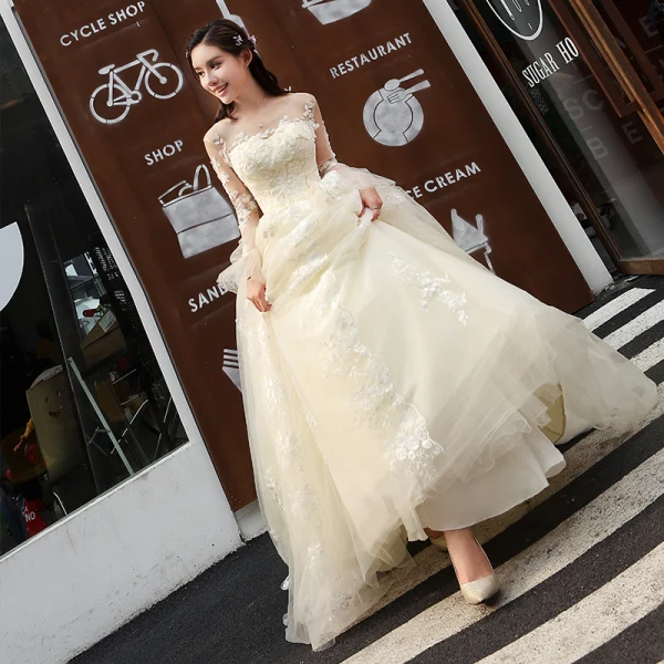 Chic / Beautiful Champagne Wedding Dresses 2018 A-Line / Princess Lace Flower Backless Scoop Neck Long Sleeve Court Train Wedding