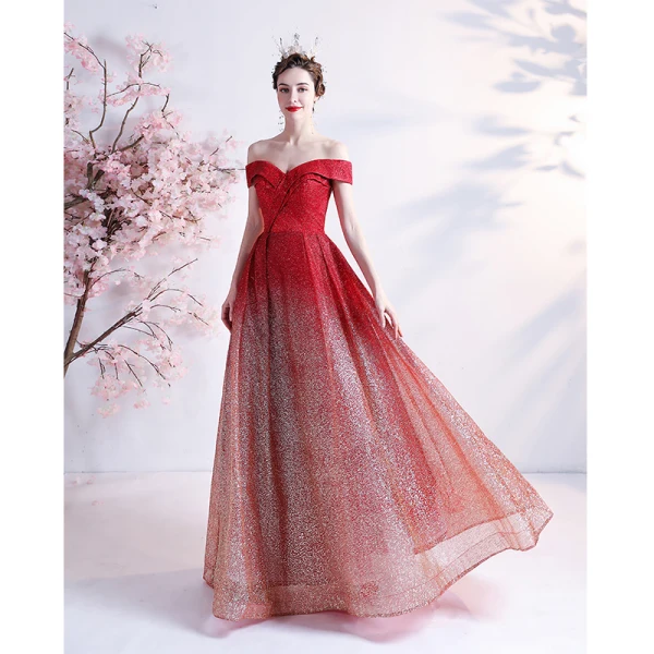 Scintillantes Sexy Dégradé De Couleur Rouge Robe De Bal 2021 Princesse De l'épaule Glitter Paillettes Sans Manches Dos Nu Longue Robe De Ceremonie