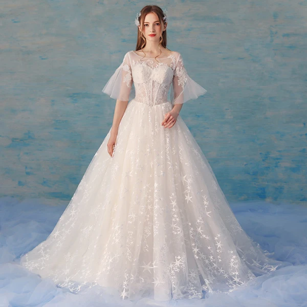 Chic / Beautiful Ivory Wedding Dresses 2018 A-Line / Princess Star Tulle Lace Flower Scoop Neck Backless 1/2 Sleeves Chapel Train Wedding