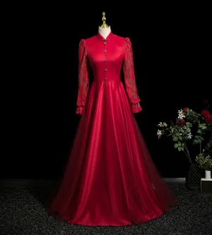 Vintage Originale Bordeaux En Dentelle Fleur Robe De Bal 2025 Col Haut Manches Longues Longue Promo Robe De Ceremonie Princesse